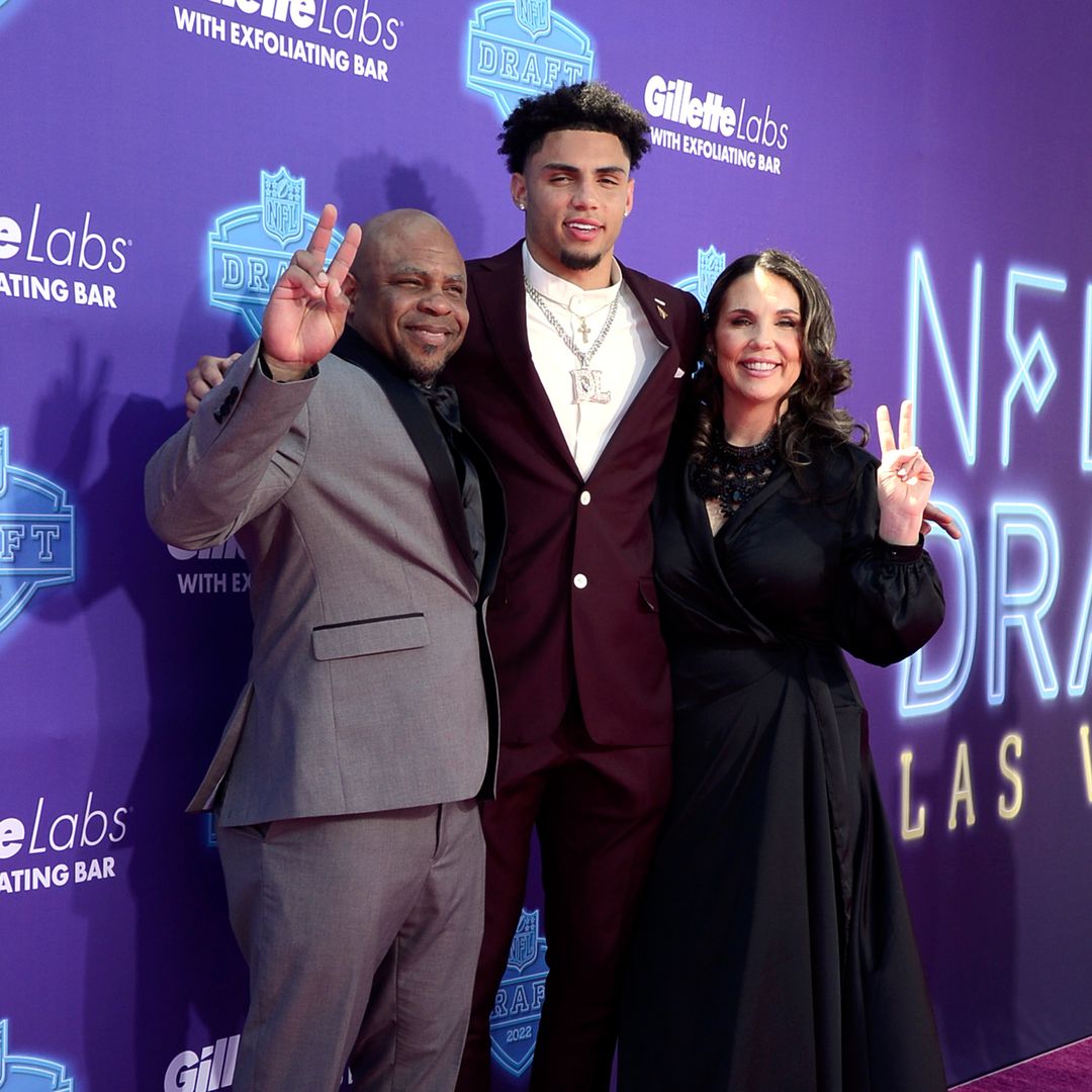 Dwan London, Drake London and Cindi London attend the 2022 NFL Draft on April 28, 2022 in Las Vegas, Nevada.