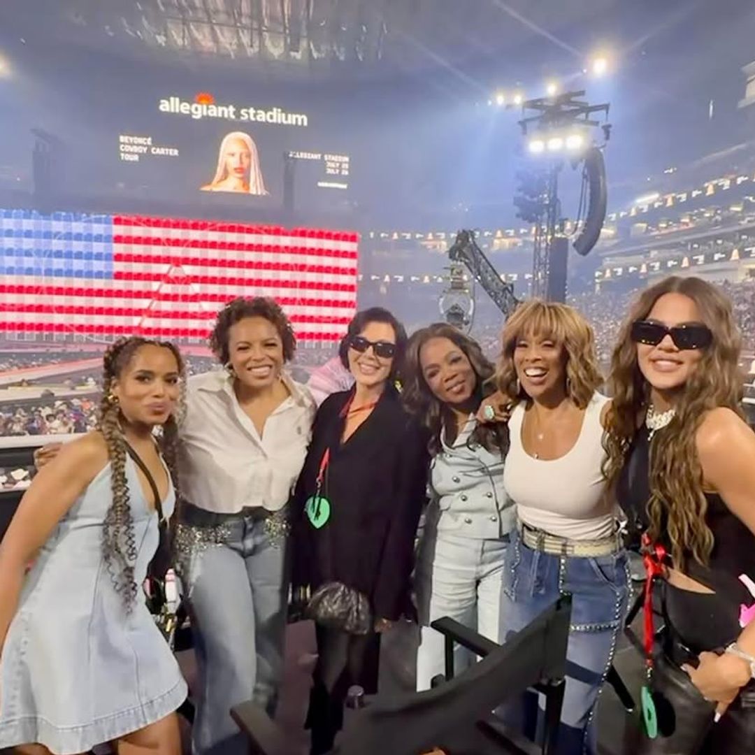 Kerry Washington, Kirby Bumpus, Kris Jenner, Oprah Winfrey, Gayle King, and Khloé Kardashian pose for a photo at Beyoncé's "Cowboy Carter" show at the Allegiant Stadium, shared on Instagram