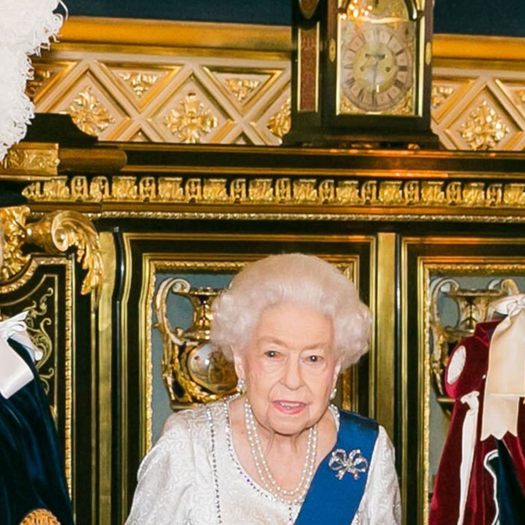 The Queen is all smiles in gown and Order of the Garter sash in new photo with Prince Charles and Camilla