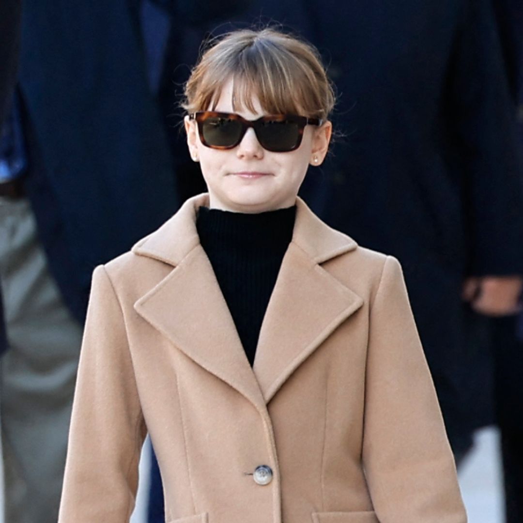 Princess Gabriella is a mini royal diva copying Princess Charlene's coat and sunglasses