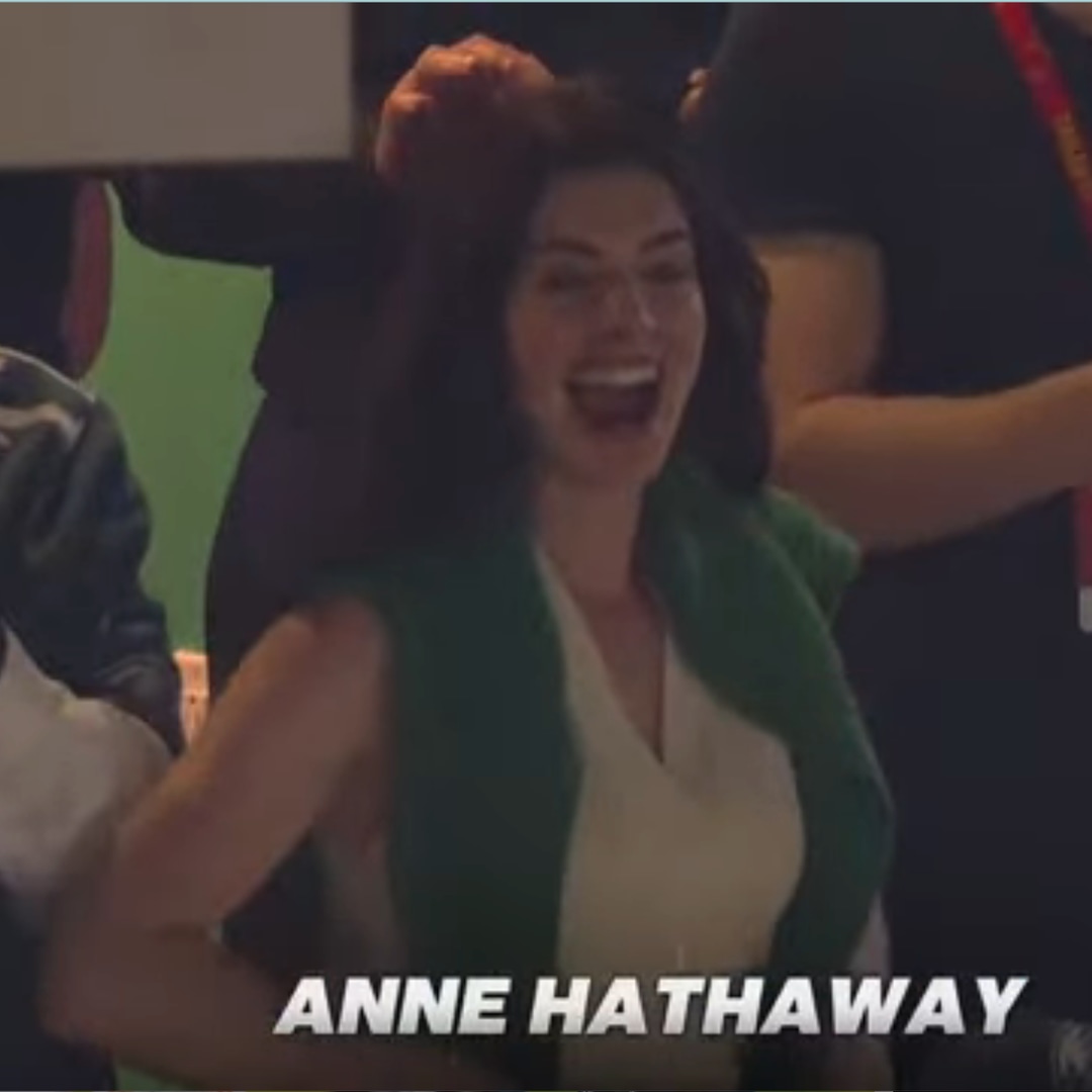 Anne Hathaway captured by the NFL during Super Bowl LIX
