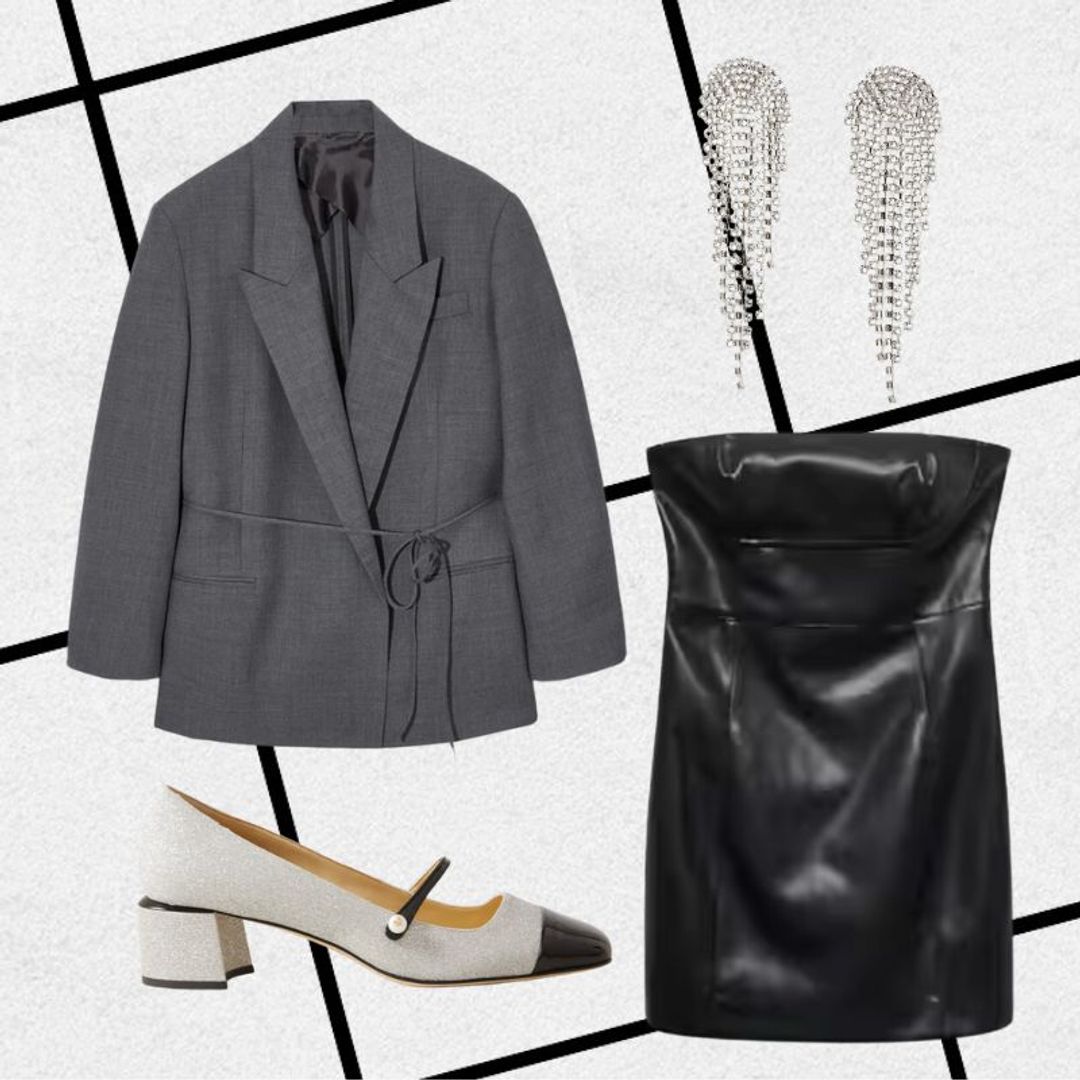 Outfit consisting of grey belted blazer, leather mini dress, two-tone Mary Janes and silver waterfall crystal earrings 