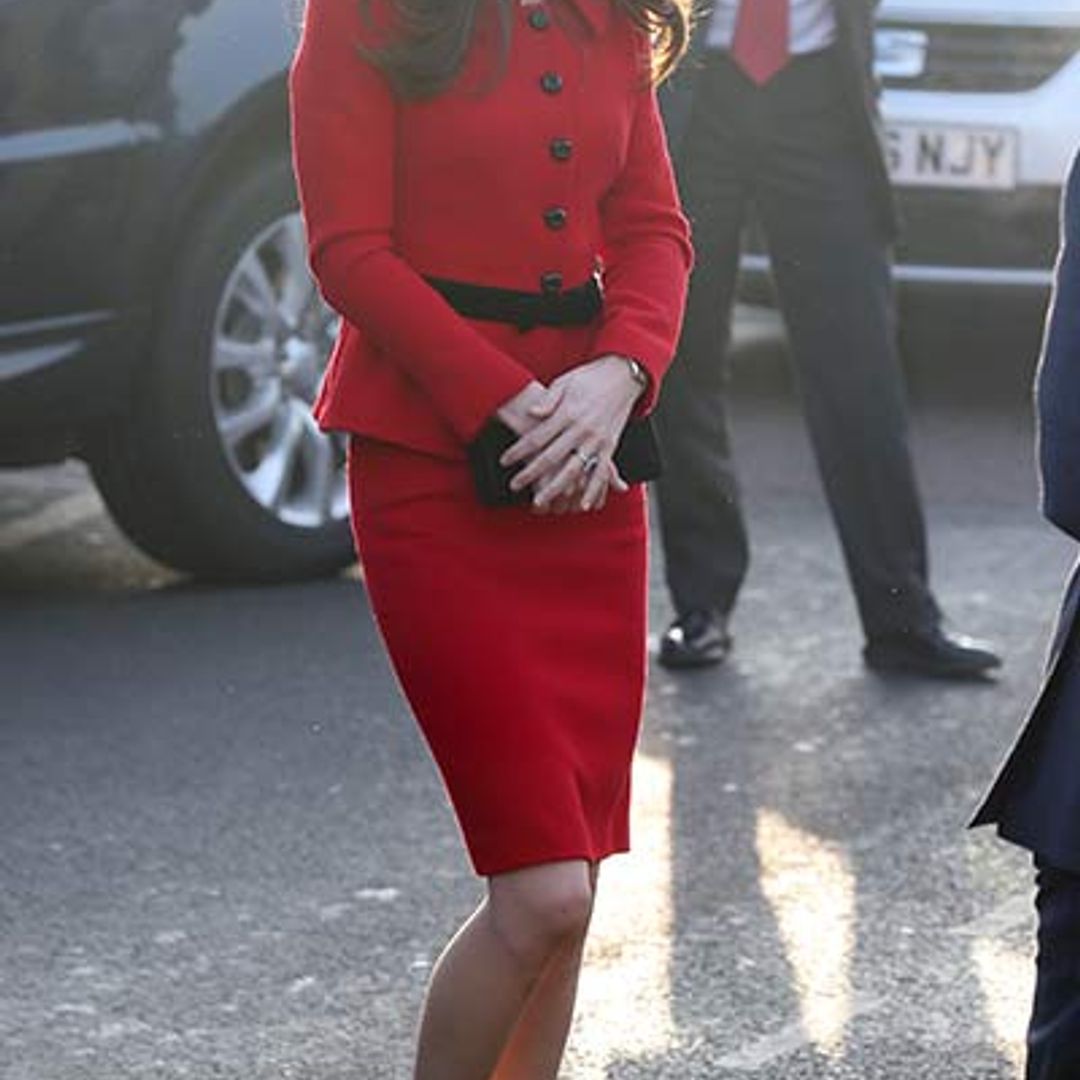 Kate recycles chic red Luisa Spagnoli suit for London school visit