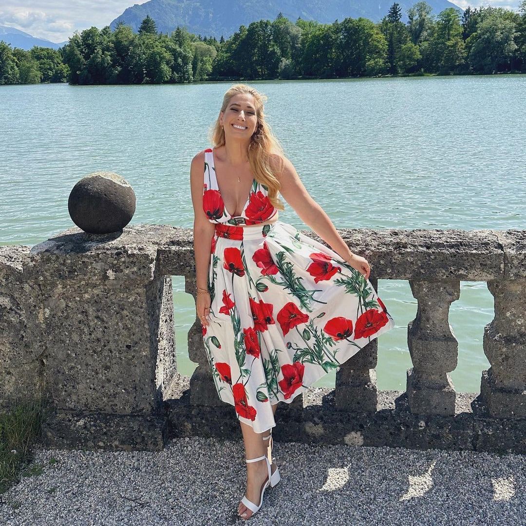 Stacey Solomon in a poppy print co-ord for her friend's weddding