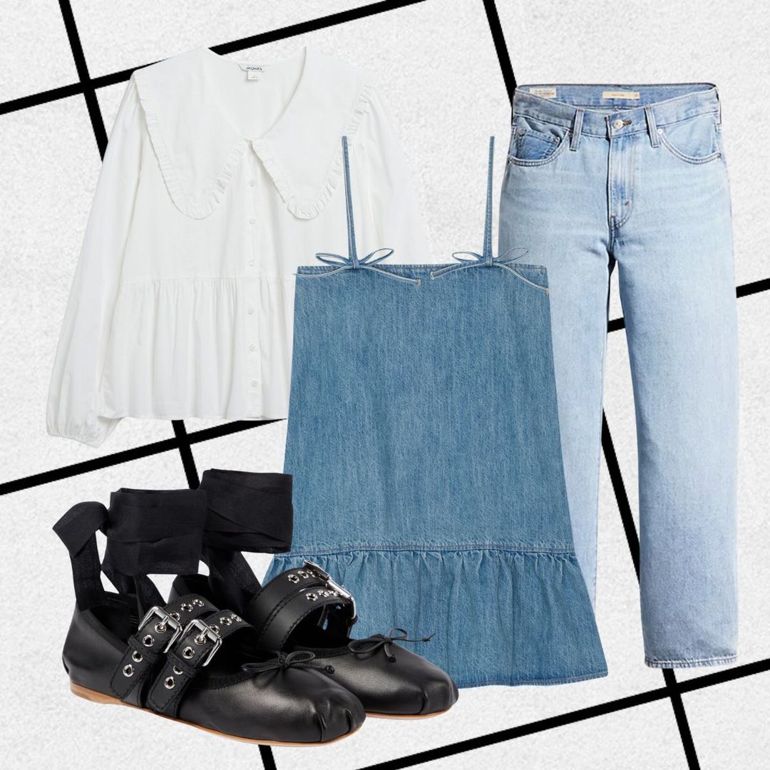 Orion's first date outfit consisting of a white frill blouse, blue jeans, a blue denim mini dress, black ballet flats with buckles 