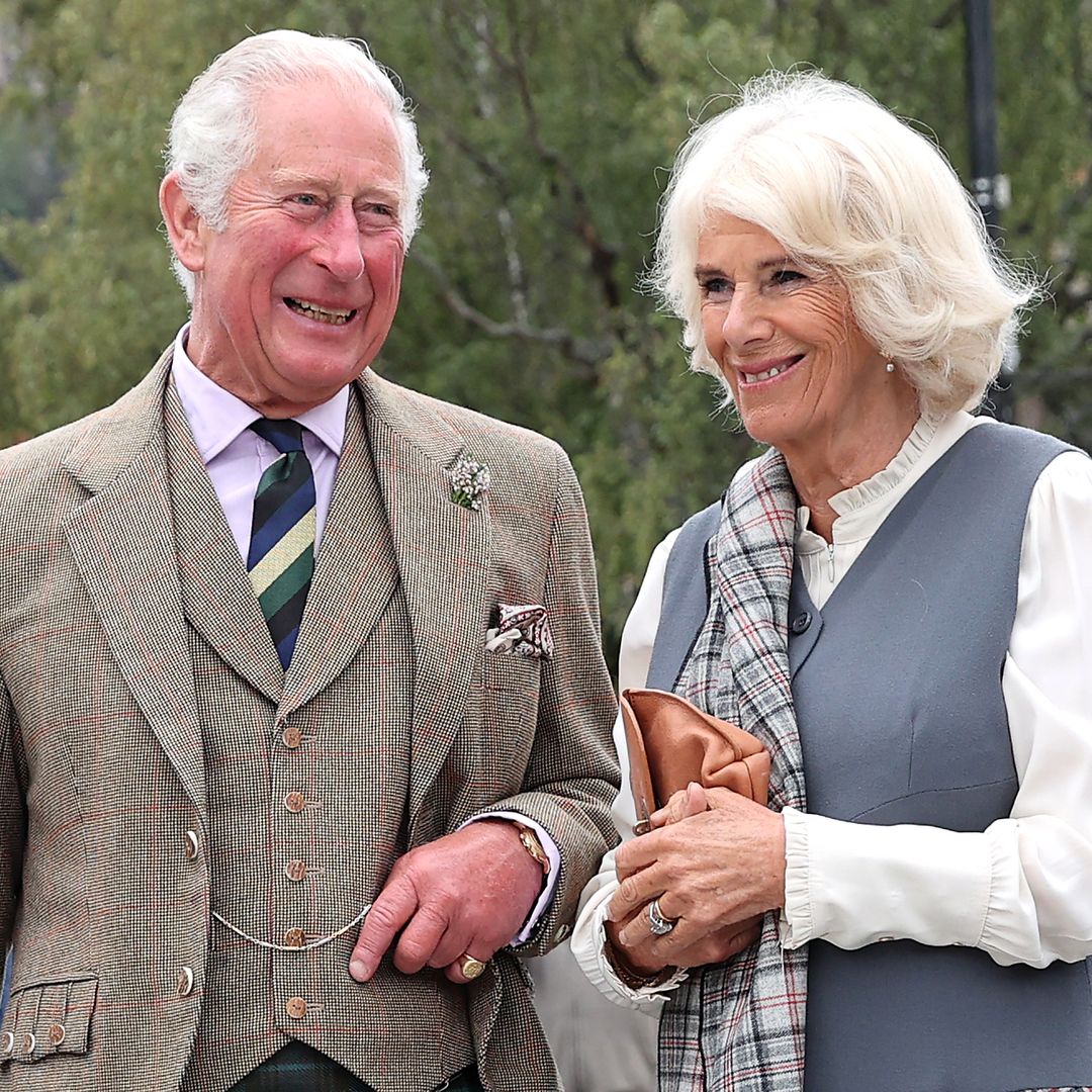 King Charles wears tweed suit while Camilla wears grey waistcoat