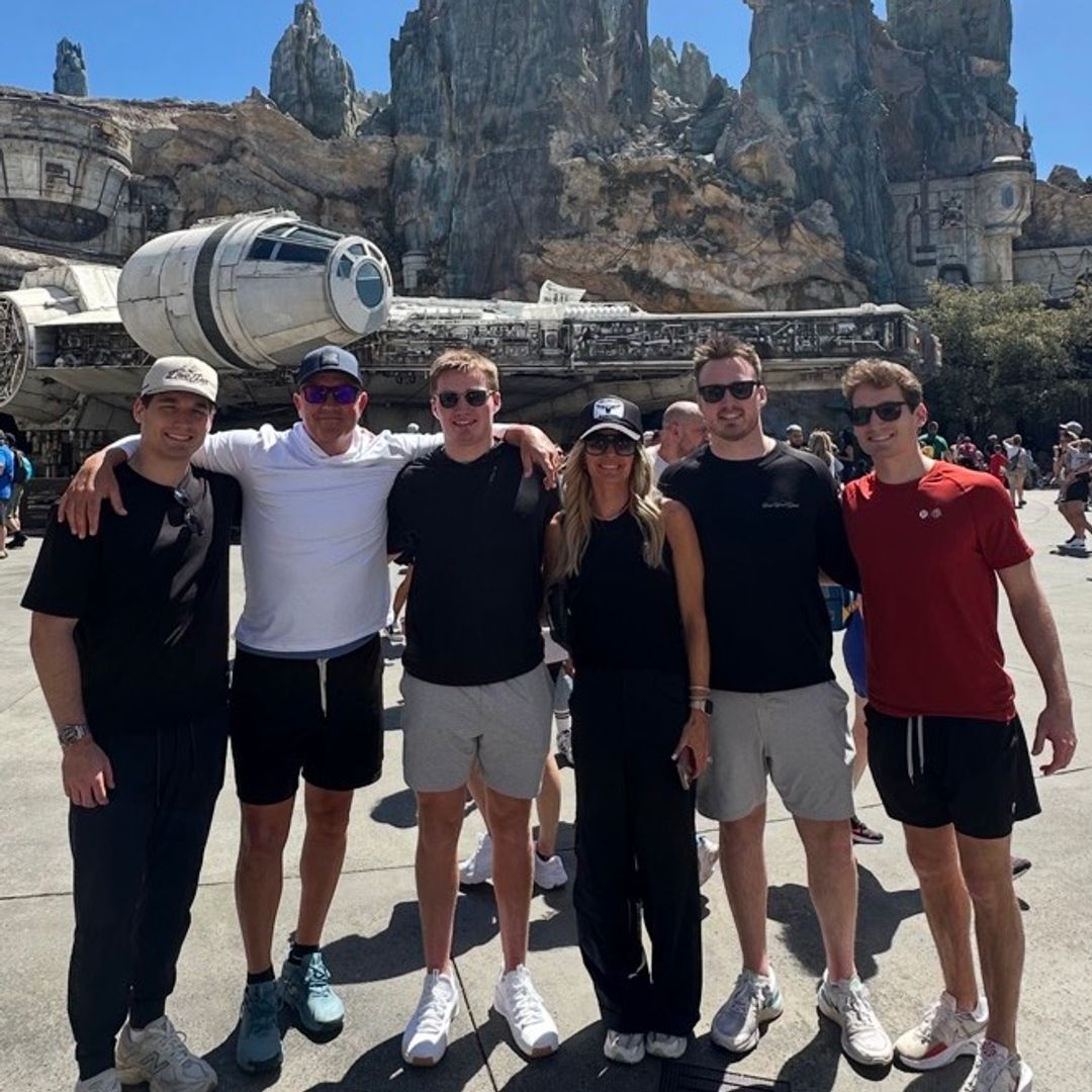 Kirk Herbstreit with his family, wife Alison and sons Jake, Tye, Zak and Chase at a Star Wars park, shared on Instagram