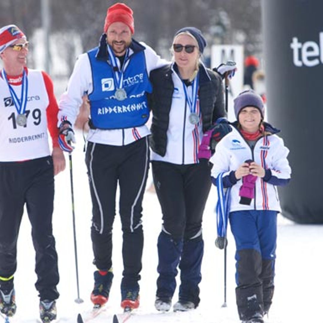 Norwegian royals Haakon and Mette-Marit enjoy family fun on the ski slopes