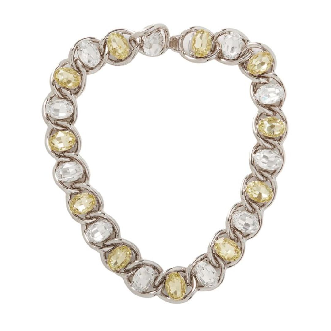 Silver-tone metal necklace with alternating white and yellow crystals 