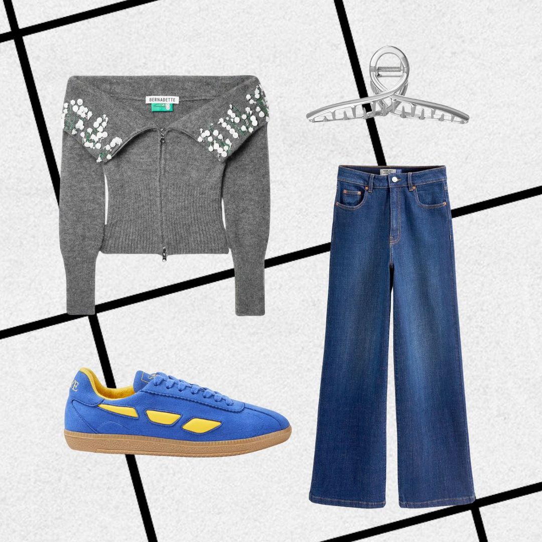 Outfit consisting of wide-leg blue jeans, grey off-the-shoulder cardigan, blue trainers and silver claw clip 