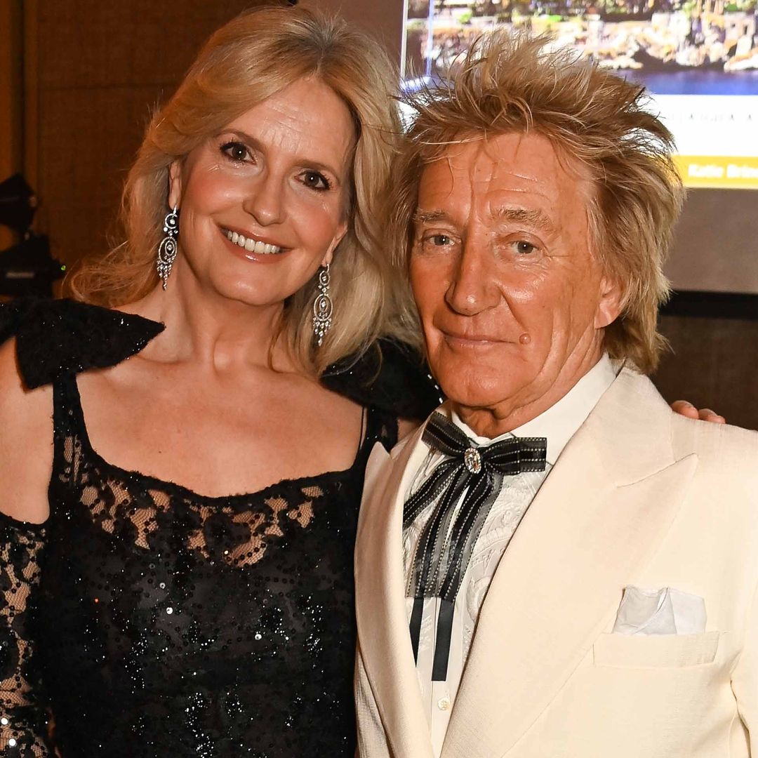 Penny Lancaster parties with Rod Stewart in form-fitting shimmery dress