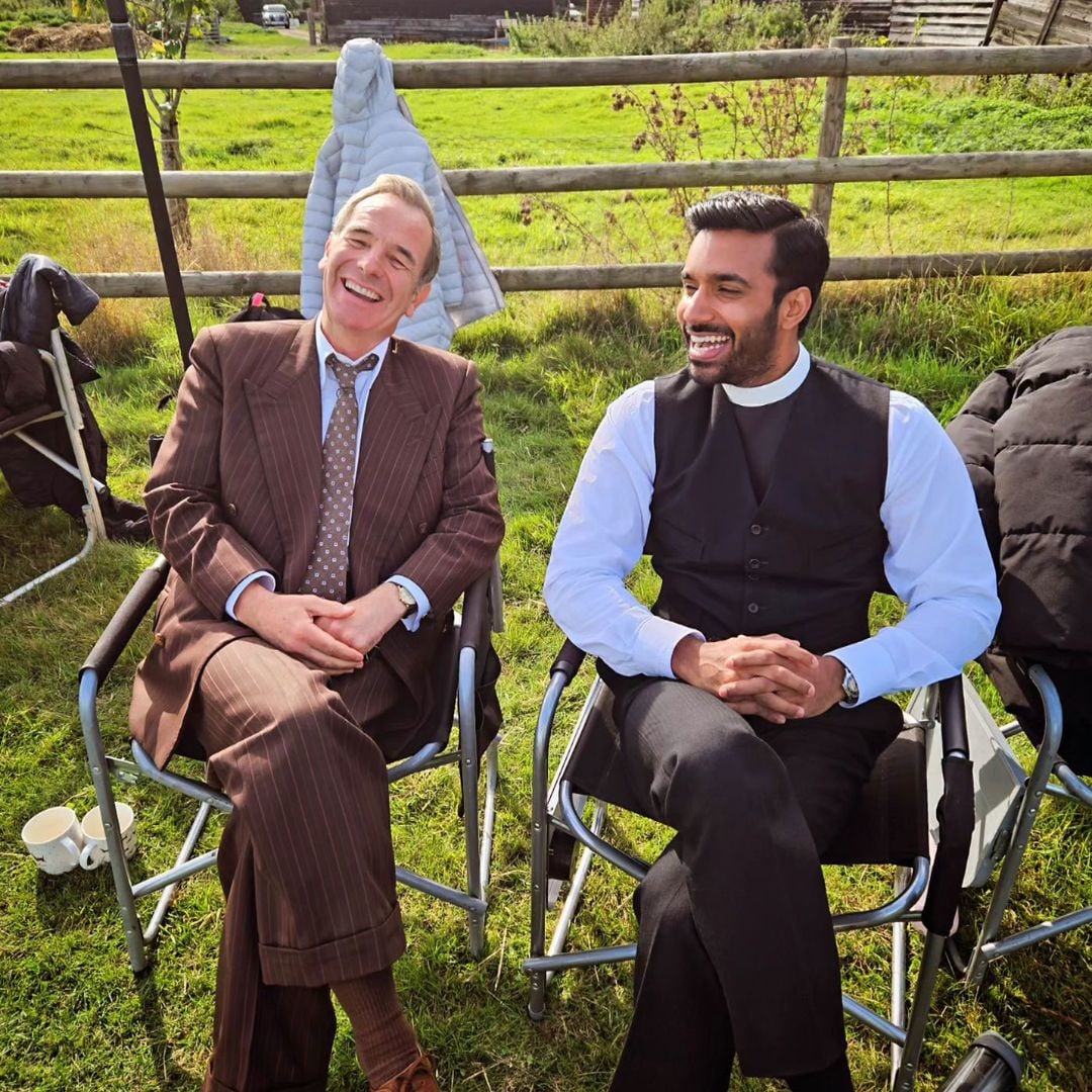 Rishi Nair and Robson Green working on Grantchester