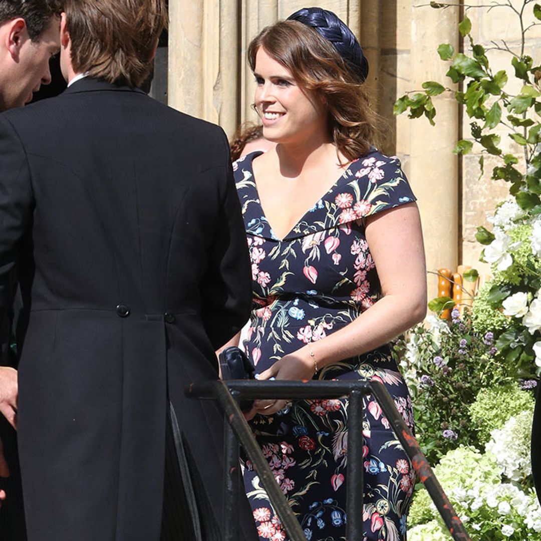 Princess Eugenie stuns onlookers in a Peter Pilotto strawberry print dress at Ellie Goulding's star-studded wedding