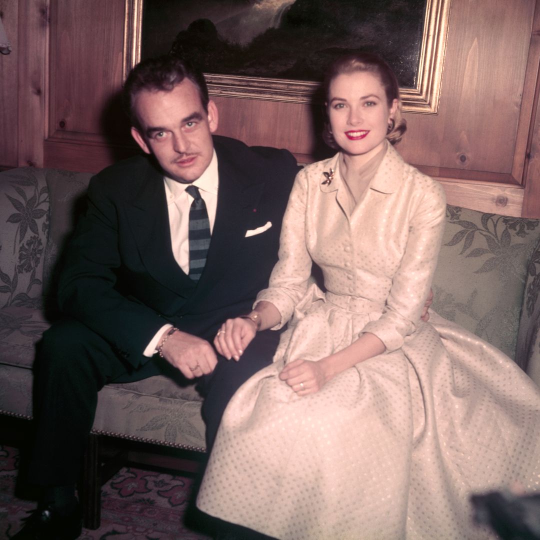 Prince Rainier and Grace Kelly pictured at the Kelly family home in 1956 after their engagement