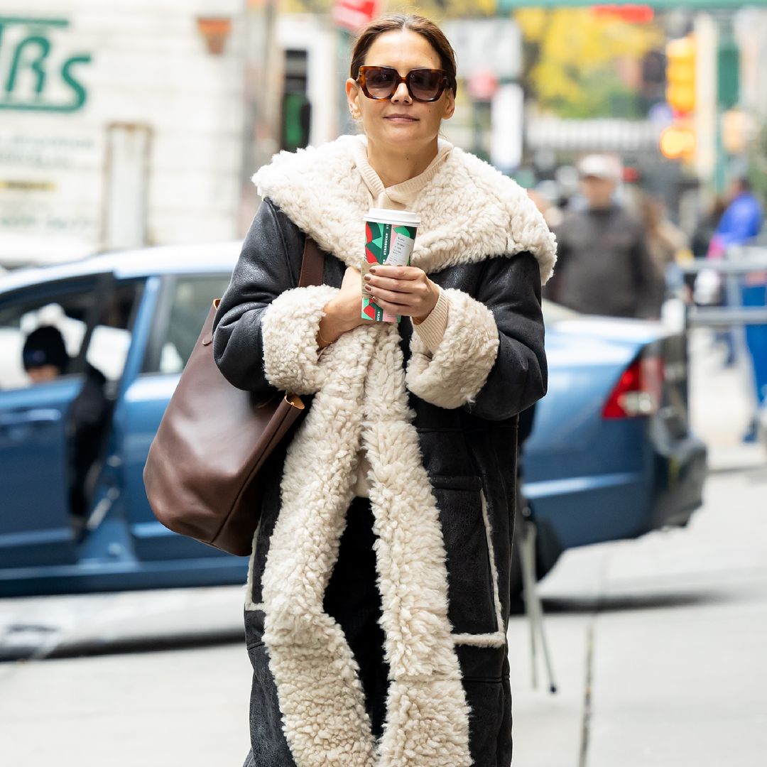 Katie Holmes takes winter style very seriously in XL shearling coat