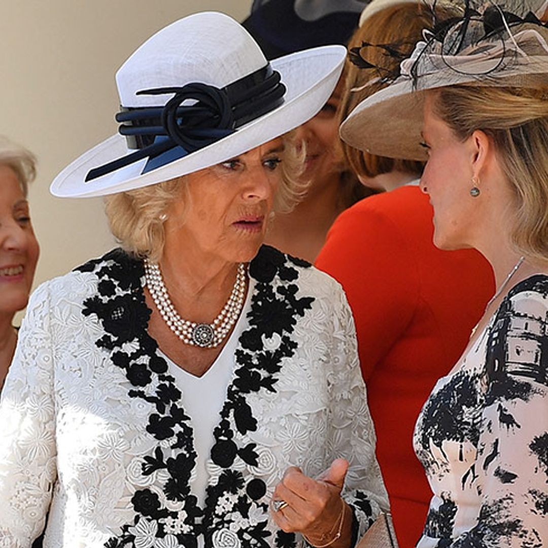 The Countess of Wessex and the Duchess of Cornwall are matching in monochrome at the Order of the Garter ceremony