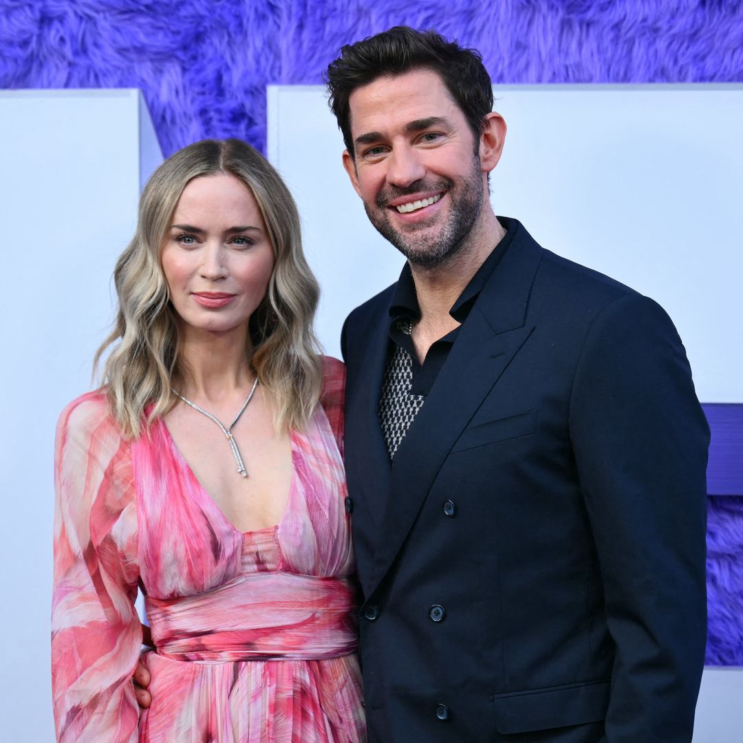 Emily Blunt with John Krasinski in a pink, flowy gown at the IF premiere 
