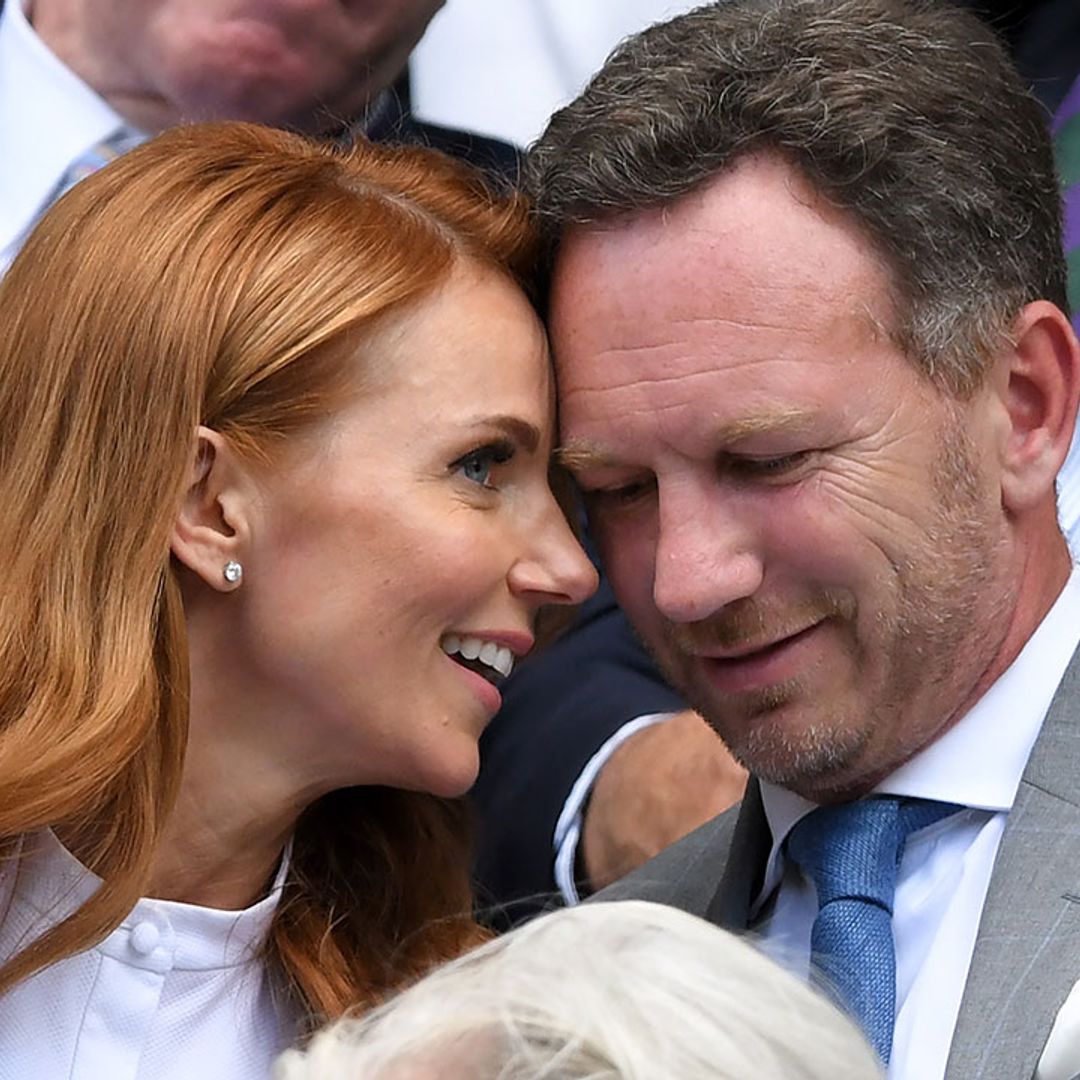 Geri Horner looks unreal in plunging silk gown as she kisses husband Christian