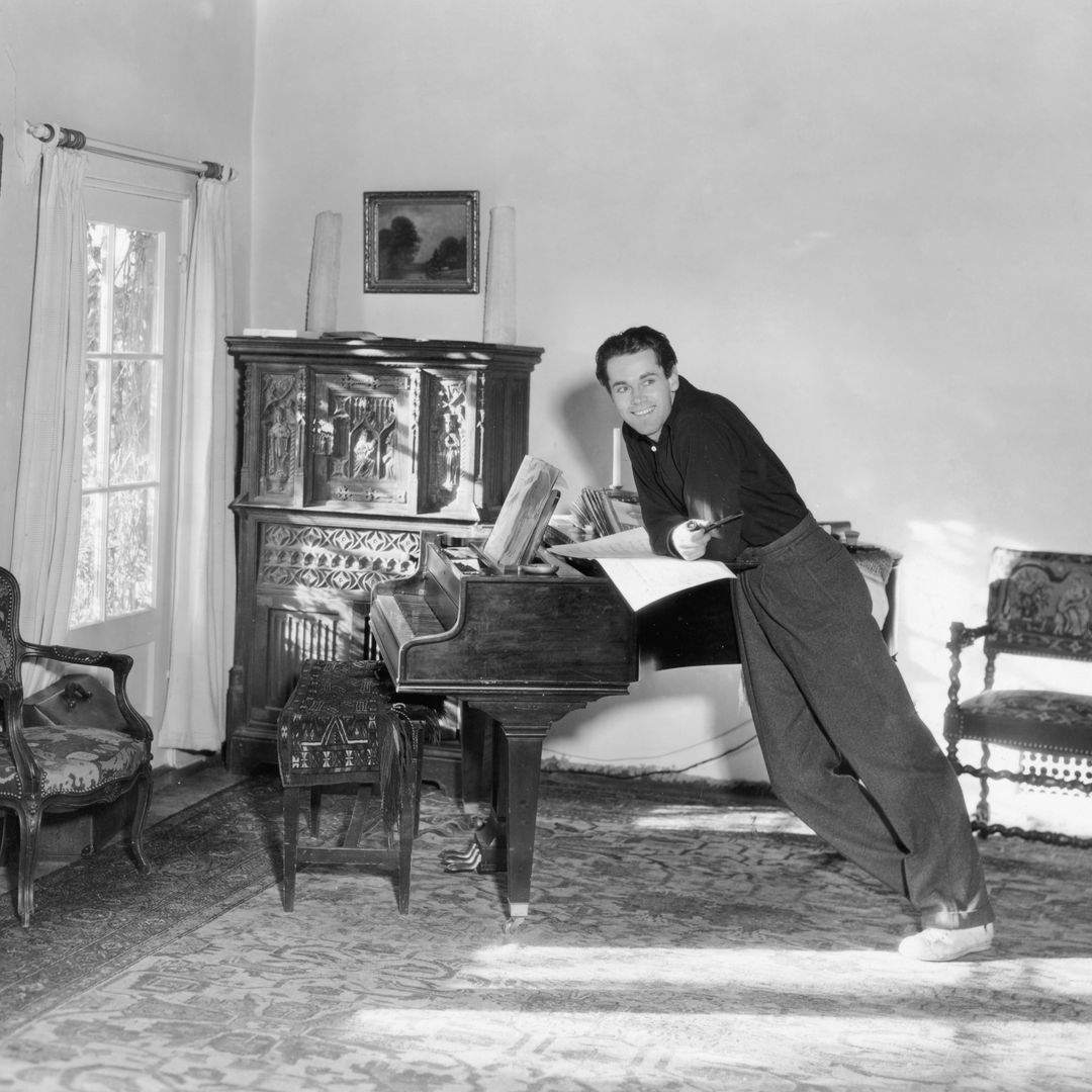 Henry Fonda in a corner of the livingroom of his suburban home in the Westwood district of Los Angeles. Undated photograph.