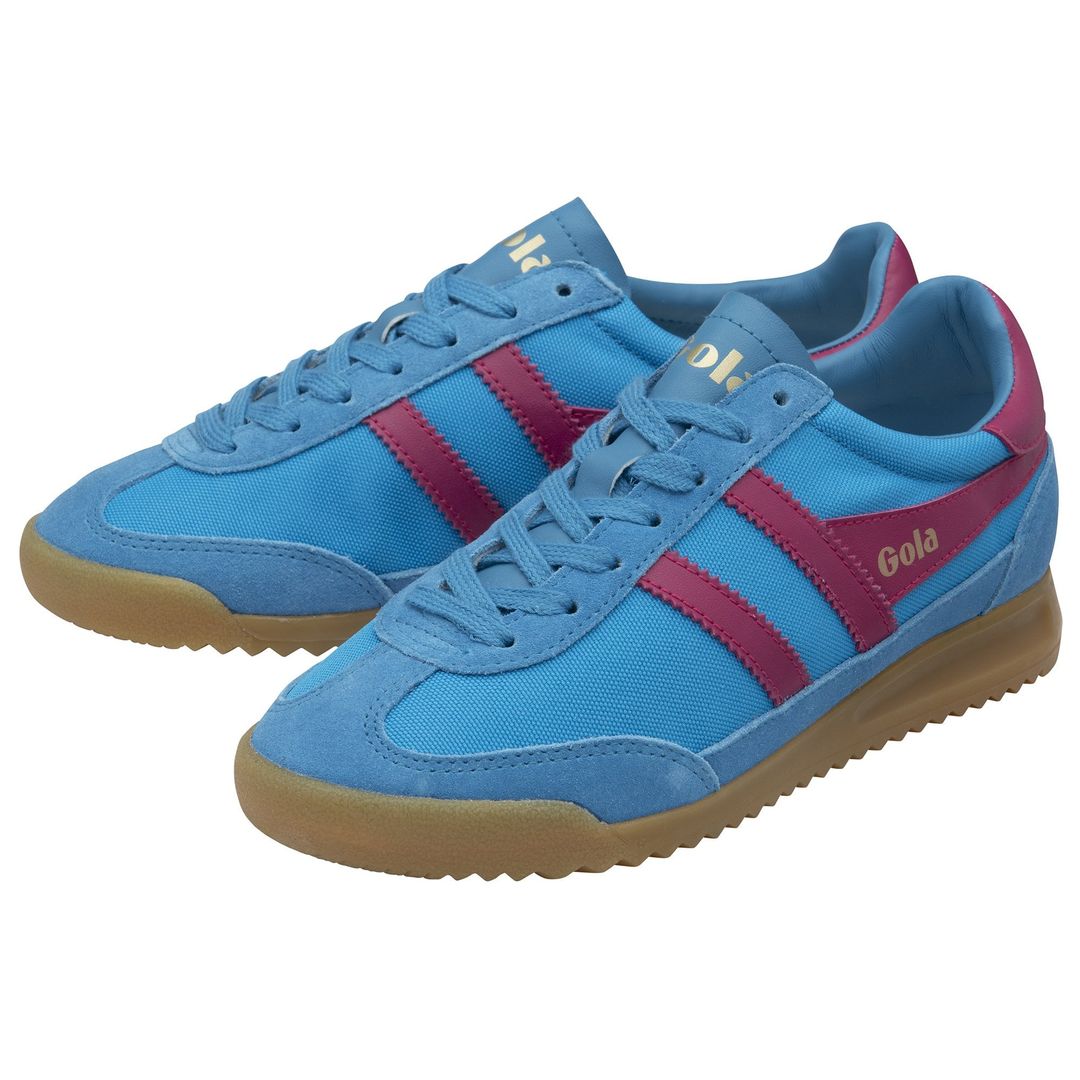 A close-up photo of Gola Classics Women's Tornado Trainers in blue and purple