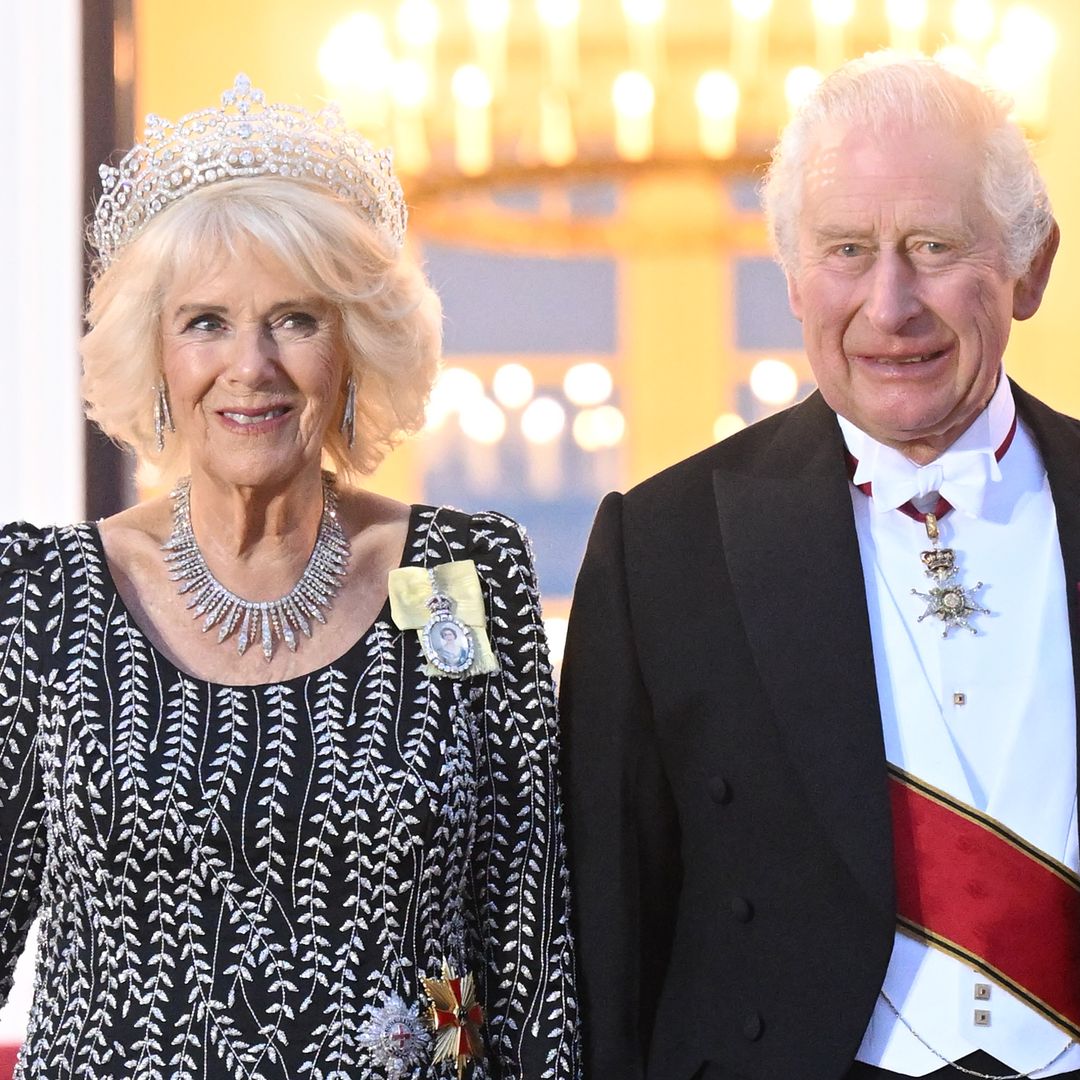 Queen Camilla sparkles in diamond tiara and shimmering gown for state banquet in Germany