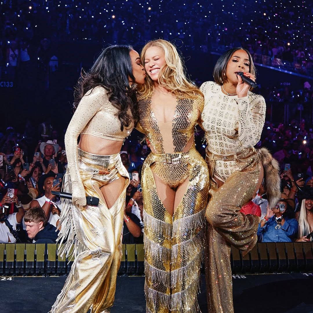 Beyoncé, Kelly Rowland and Michelle Williams captured while performing together during Beyoncé's "Cowboy Carter" show at Allegiant Stadium, shared on Instagram