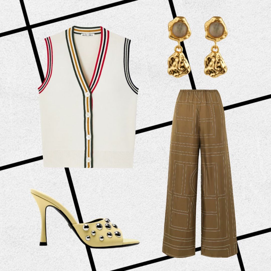 Knitted vest, brown wide-leg trousers, gold earrings and yellow mules 