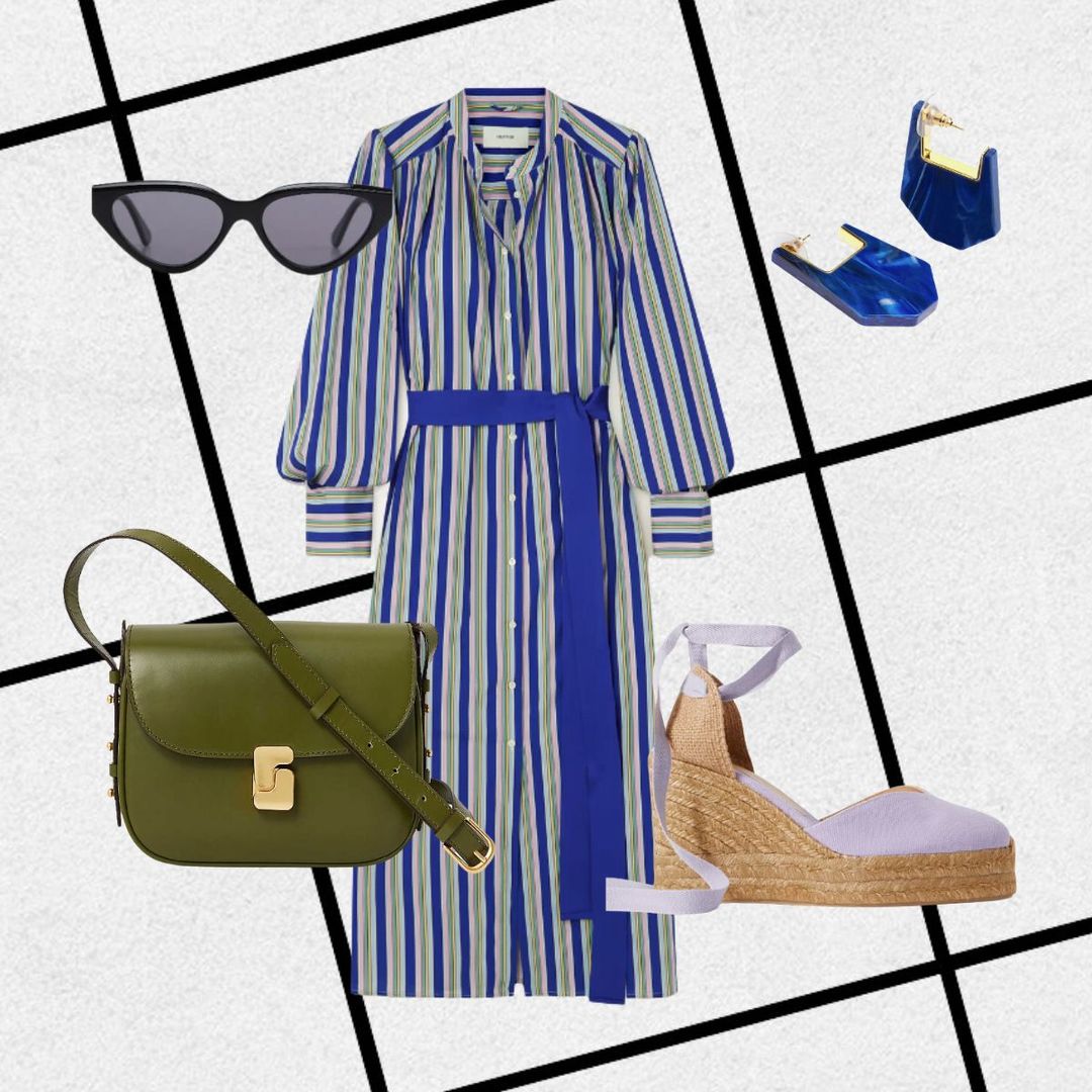 Striped midi, green bag and lilac wedges 
