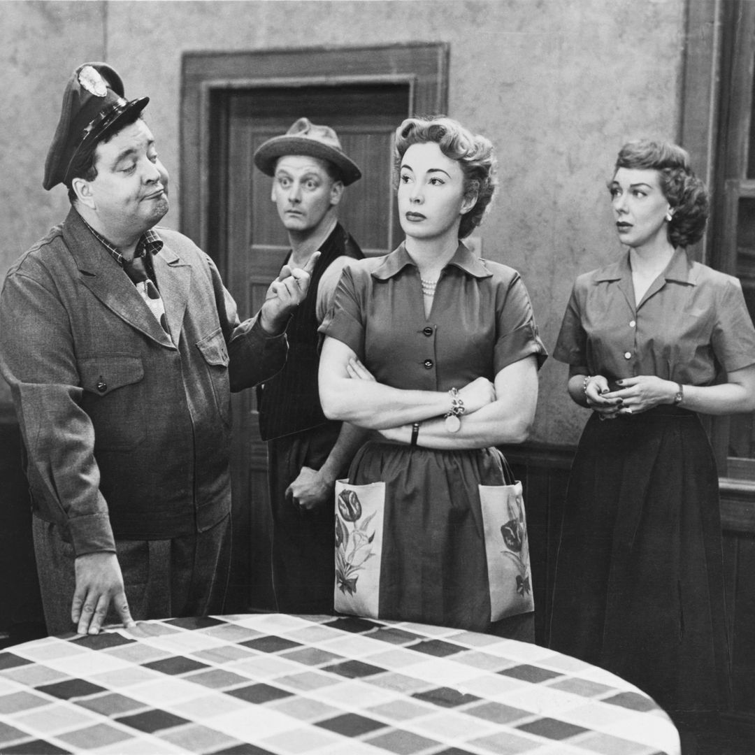 Cast of the television series The Honeymooners from left: Jackie Gleason, Art Carney, Audrey Meadows, and Joyce Randolph.