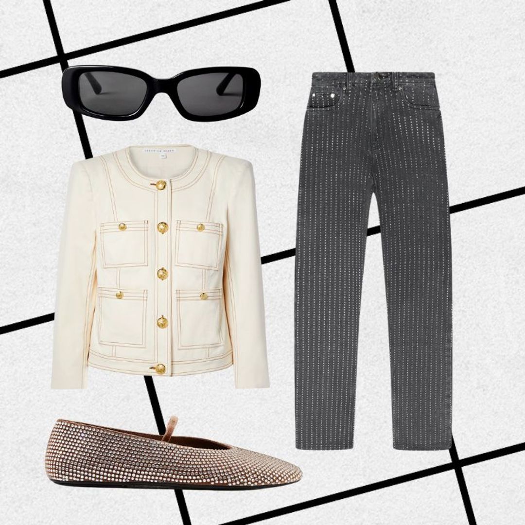 Honeymoon outfit consisting of cream jacket, bedazzled jeans, black sunglasses and studded flats