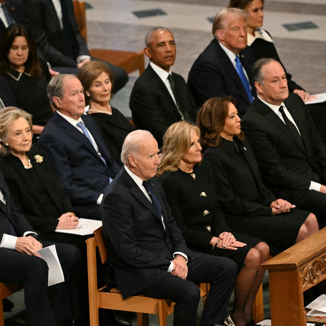 From L to R, front row, US President Joe Biden, First Lady Lady Jill Biden, Vice President Kamla Harris, Second Gentleman Doug Emhoff, second row, former President Bill Clinton, former Secretary of State Hillary Clinton, former President George W. Bush, his wife Laura Bush, former President Barack Obama, President-elect Donald Trump and his wife Melania Trump attend the State Funeral Service for former US President Jimmy Carter at the Washington National Cathedral in Washington, DC, on January 9, 2025