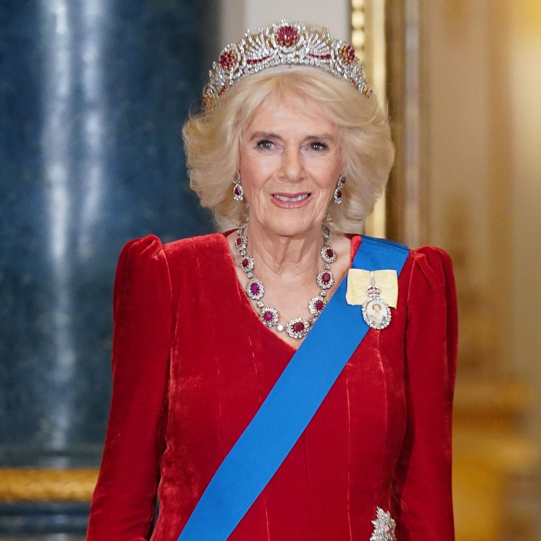 Queen Camilla dazzles in late Queen's ruby tiara for white-tie palace banquet