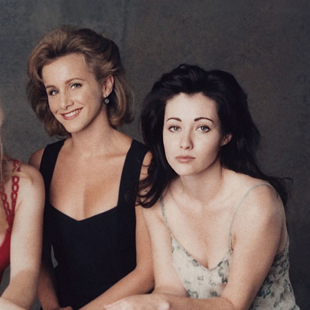 Actors Tori Spelling, Jennie Garth, Gabrielle Carteris, and Shannen Doherty of  Beverly Hills 90210 pose for a portrait in Los Angeles, California.