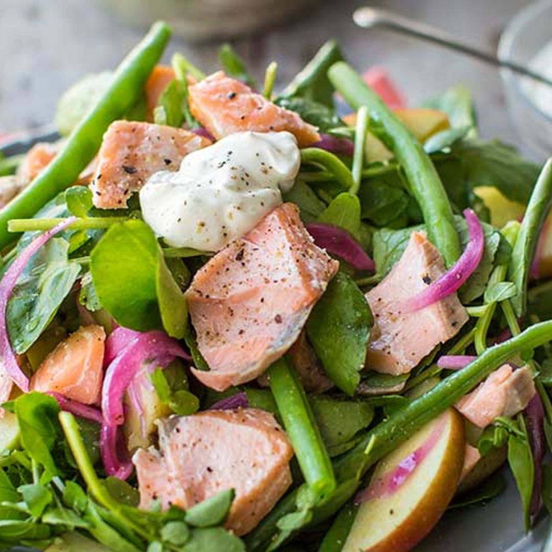 Recipe of the Week: Hot-smoked salmon and watercress salad with apple, green beans and creme fraiche