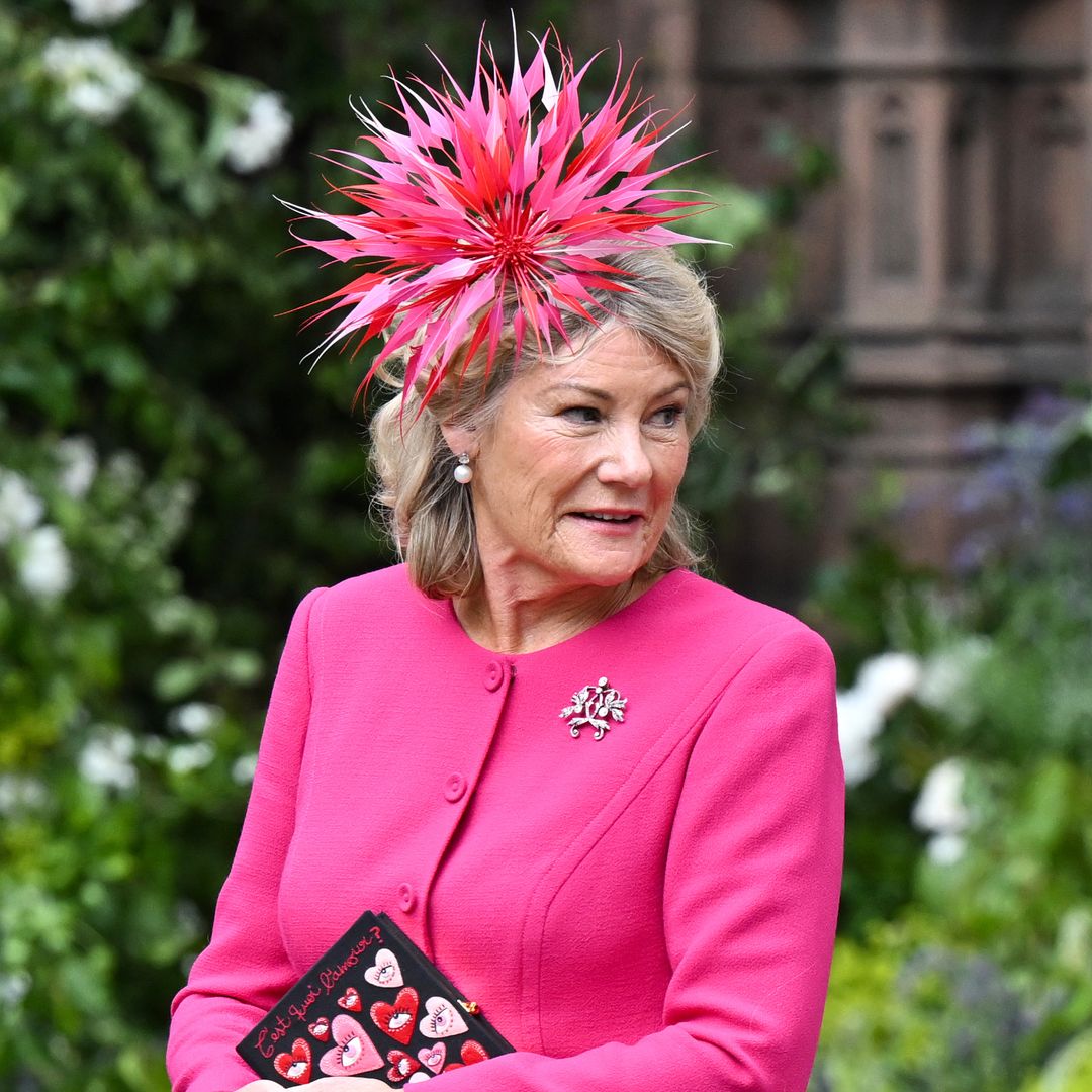 Natalia Grosvenor, 65, is a glam mother-of-the-groom in Barbie dress and feathers for billionaire son Hugh's wedding