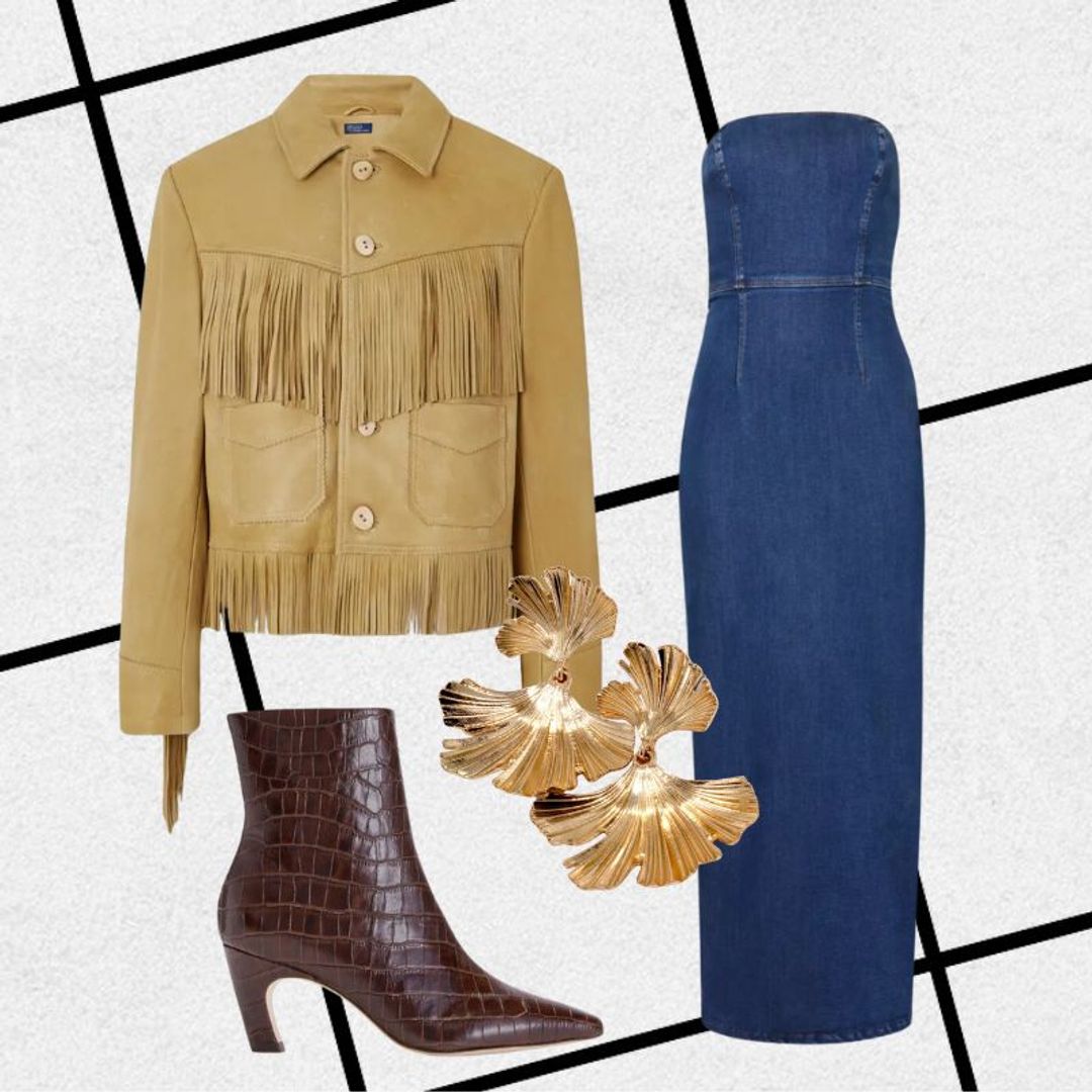 Outfit featuring fringed jacket, denim strapless dress, burgundy boots and gold statement earrings