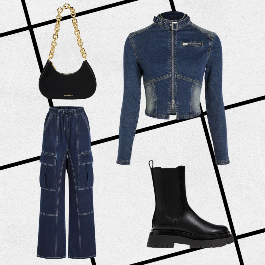 Outfit consisting of dark denim motorcycle jacket and matching cargo jeans, black shoulder bag and chunky boots 