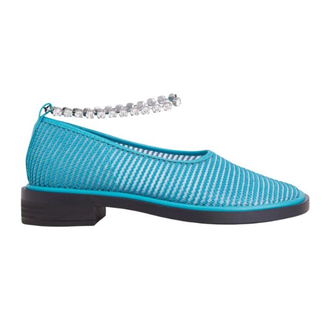 Blue flats with crystal-studded ankle strap 