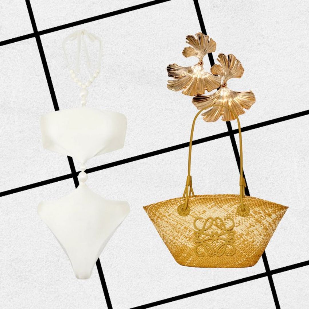 Honeymoon outfit consisting of white cut-out swimsuit, yellow beach bag and gold flower earrings 