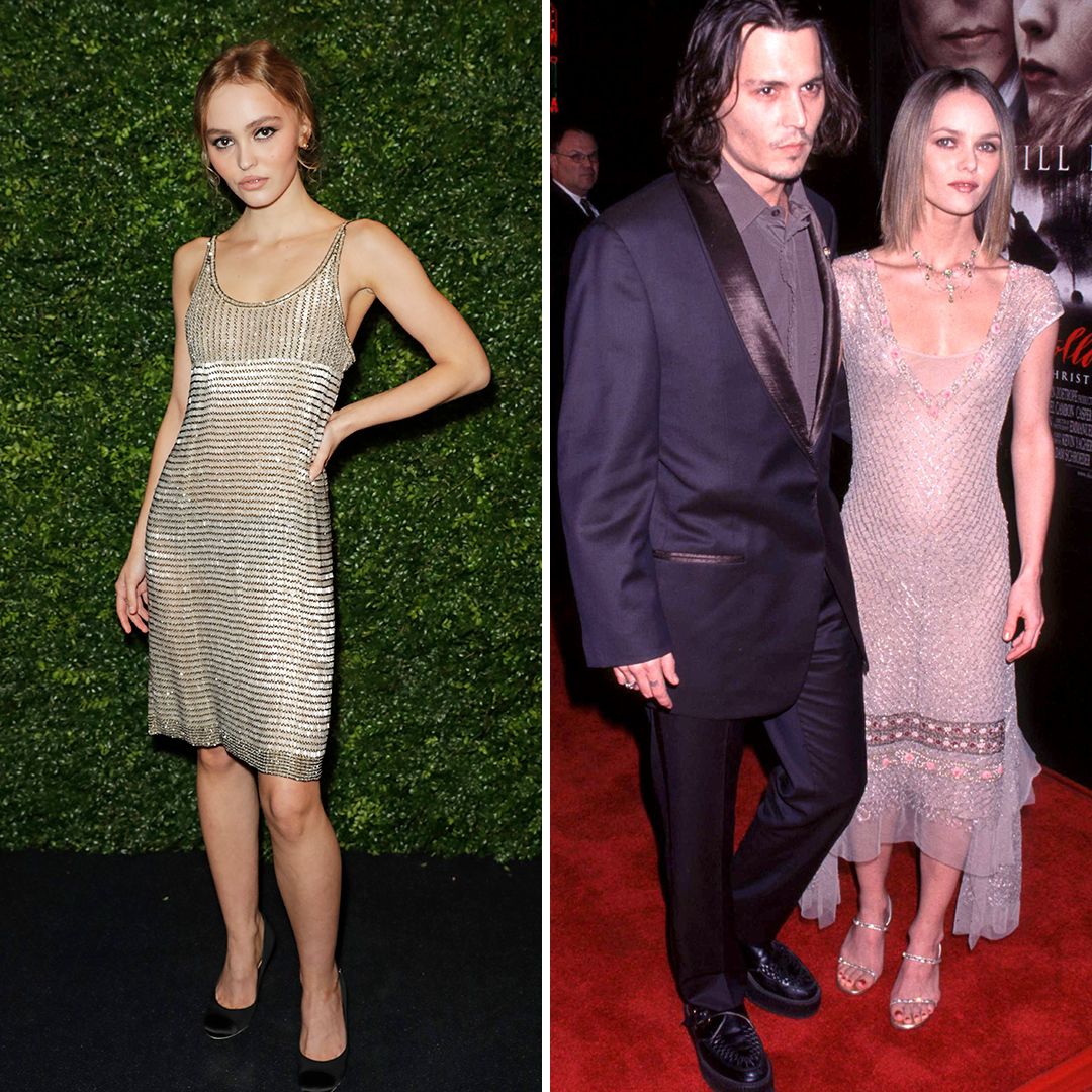Lily-Rose Depp and Vanessa Paradis wearing shimmery dresses 