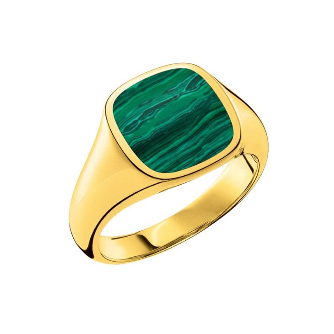 Brassy gold signet ring with green stone