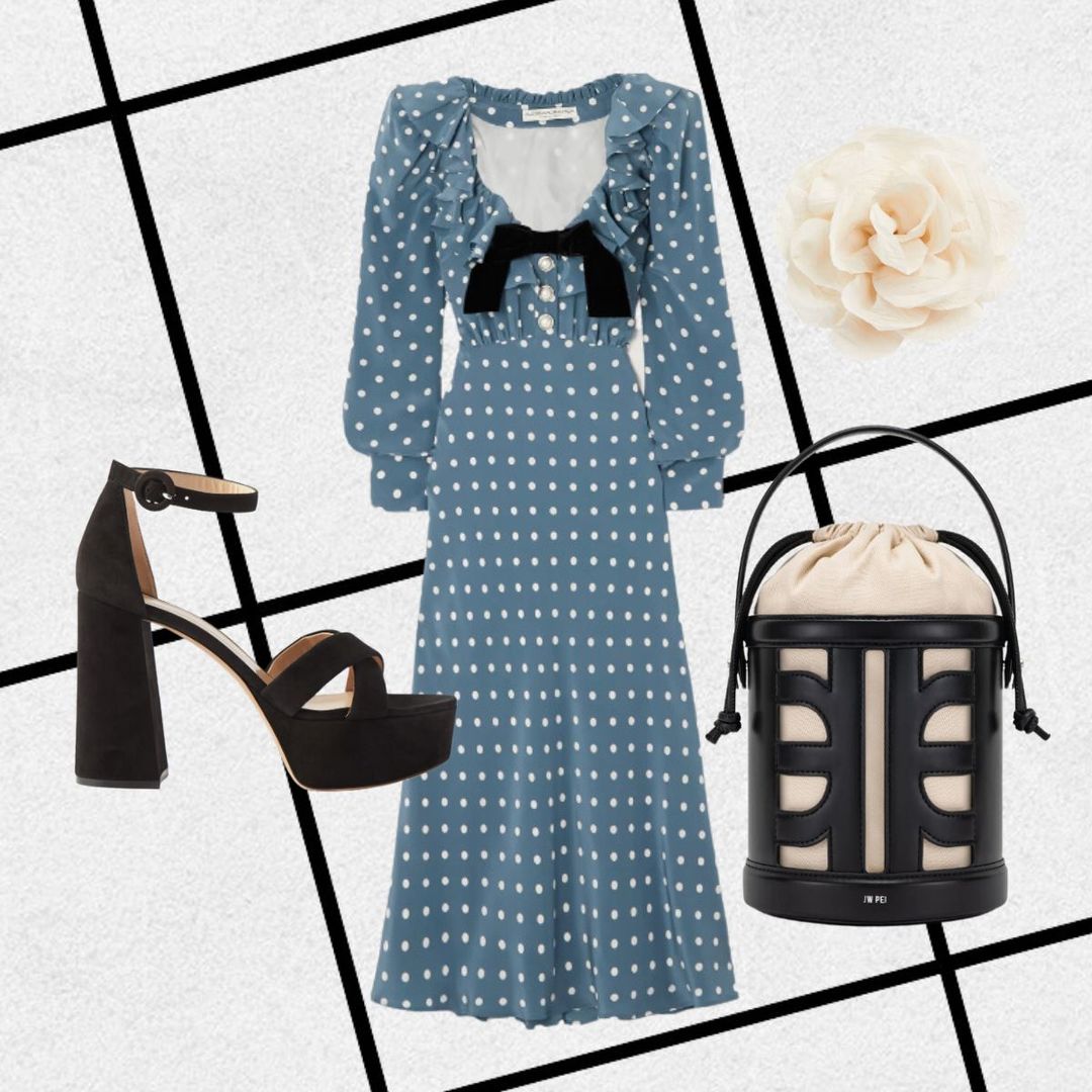 Blue polka dot dress with cream flower corsage and black platforms 