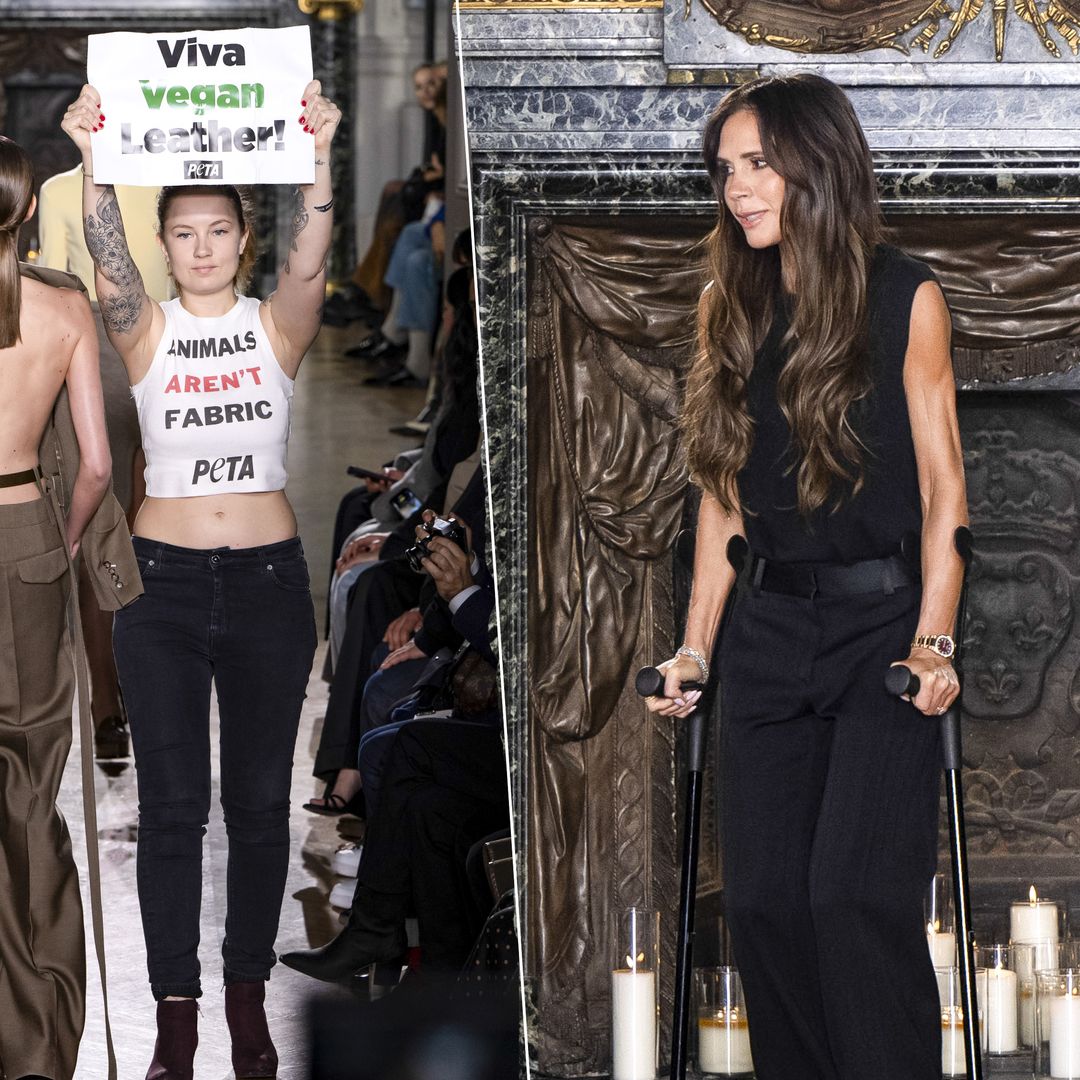Victoria Beckham triumphs over injury and protests at Paris Fashion Week