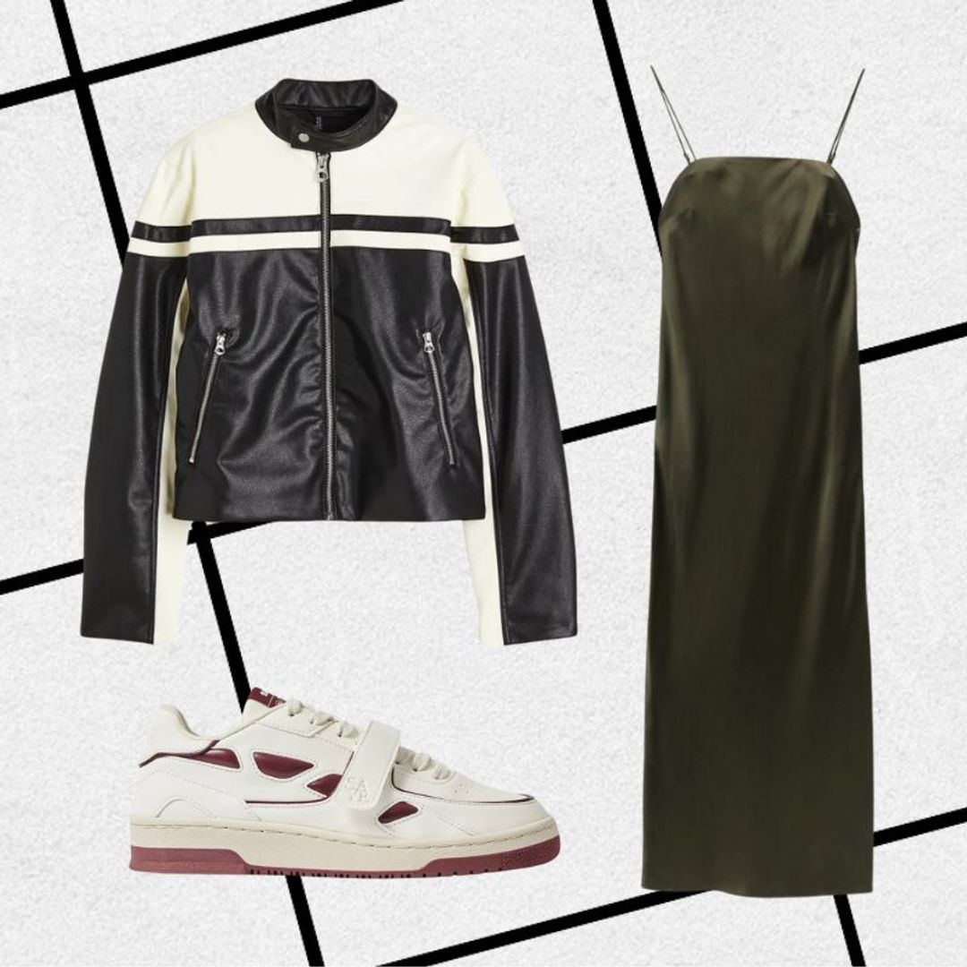 Outfit featuring moto jacket, green slip dress and trainers 