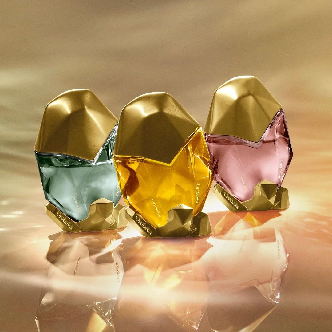 Three gemstone shaped Orebella fragrances