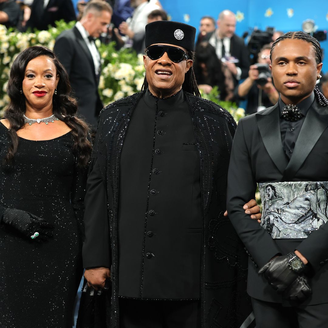 Tomeeka Robyn Bracy, Stevie Wonder, and Kailand Morris attend the 2025 Met Gala Celebrating "Superfine: Tailoring Black Style" at Metropolitan Museum of Art on May 05, 2025 in New York City