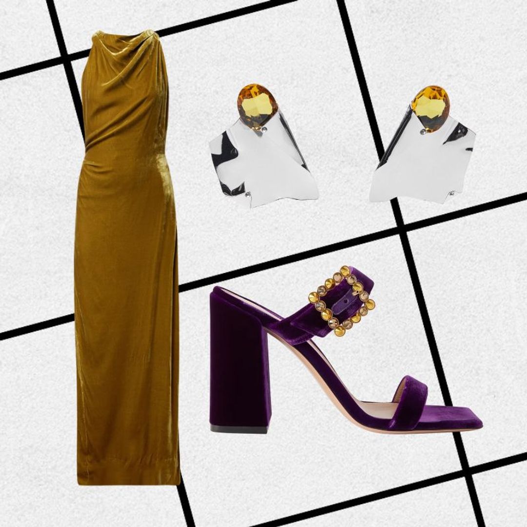 Outfit consisting of mustard velvet gown, purple buckle-embellished mules and silver earrings