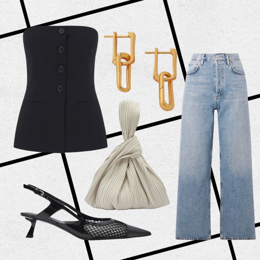 Chloe's first date outfit consisting of black strapless top, blue jeans, gold link earrings, mesh slingbacks, knot bag 