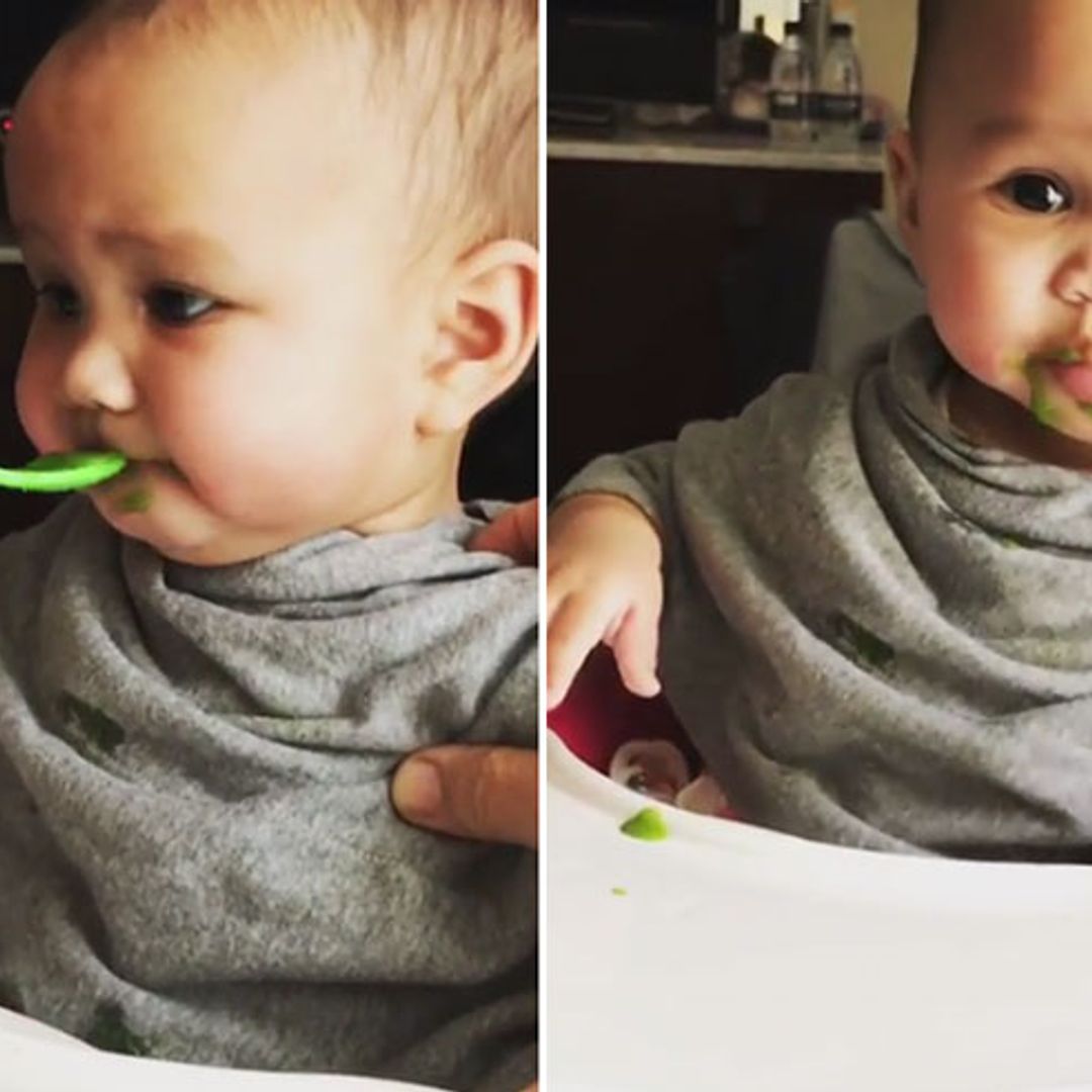 Watch the adorable moment Chrissy Teigen lets baby Luna try savoury food for the first time!