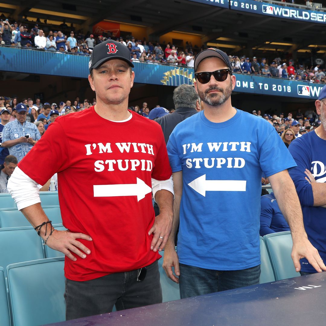 Matt Damon and Jimmy Kimmel attend The Los Angeles Dodgers Game - World Series - Boston Red Sox v Los Angeles Dodgers - Game Five at Dodger Stadium on October 28, 2018 in Los Angeles, California